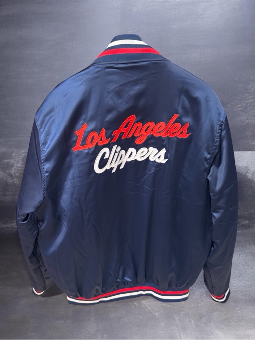 NBA Navy Los Angeles Clippers Satin Bomber Jacket with Red & White Script